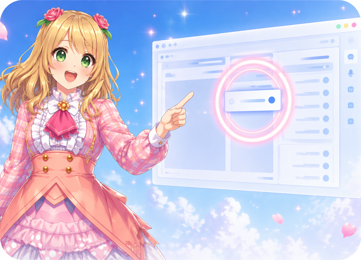 Sakura hovering next to an on-screen window with a glowing ring around a button she is pointing at.