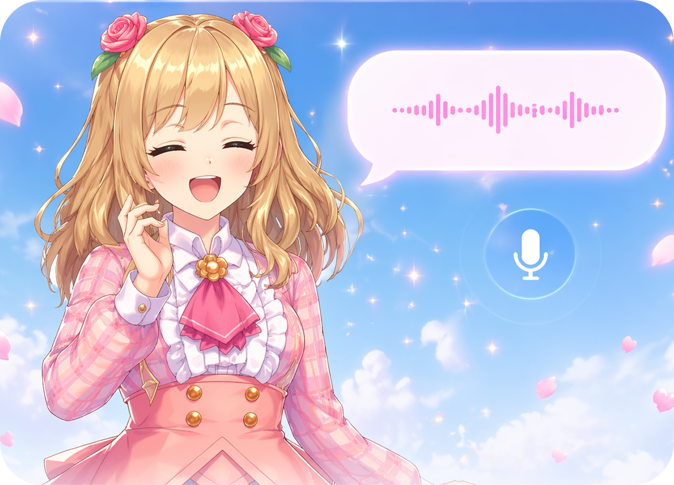 Sakura smiling with a voice waveform speech bubble, a microphone icon glowing below her.