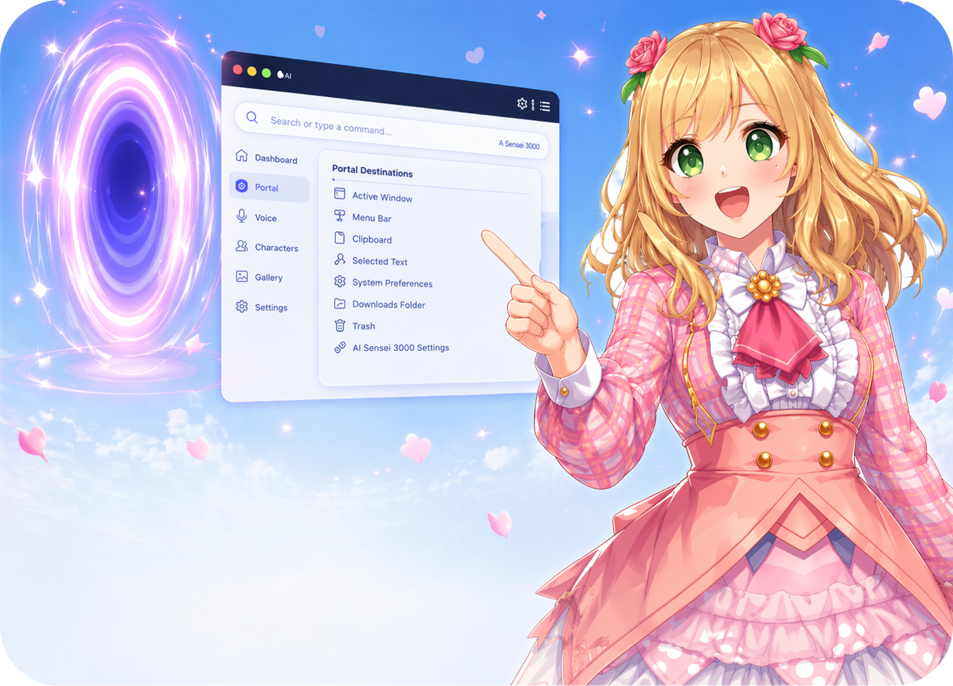 Sakura stepping out of a glowing pink portal beside a browser window, pointing at a menu option.